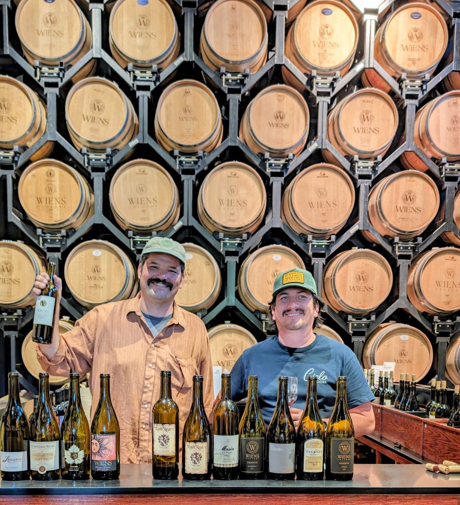 Barrel room at Wiens Winery with winemakers