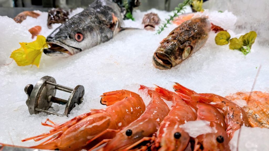 Closeup of shrimp and fish at Catalina fish market San Diego