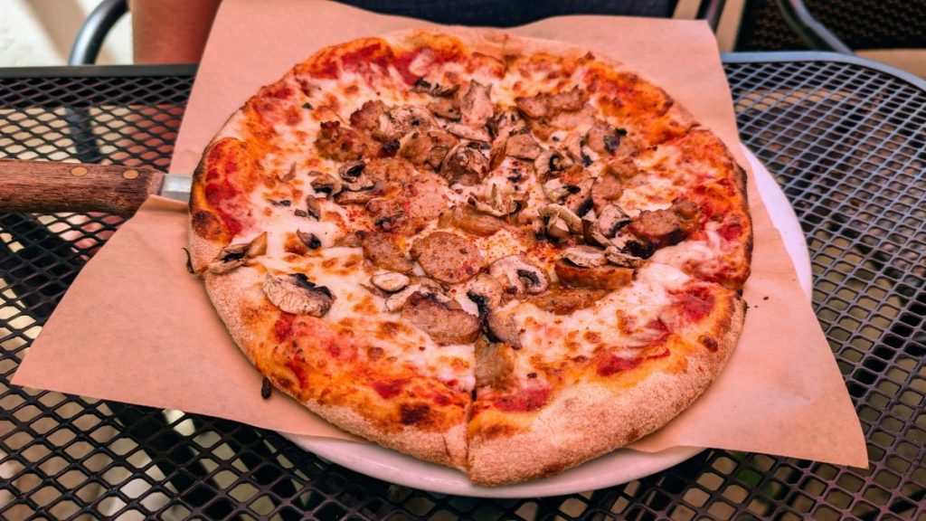 Sausage and Mushroom Pizza at Red Car Brewery and Restaurant