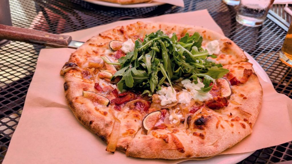 Fig, bacon and arugula pizza at Red Car Brewery and Restaurant in Torrance