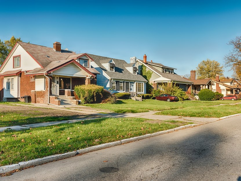 A block of tidy and well-maintained houses is located on Eason Street in the Highland Park community in Detroit.