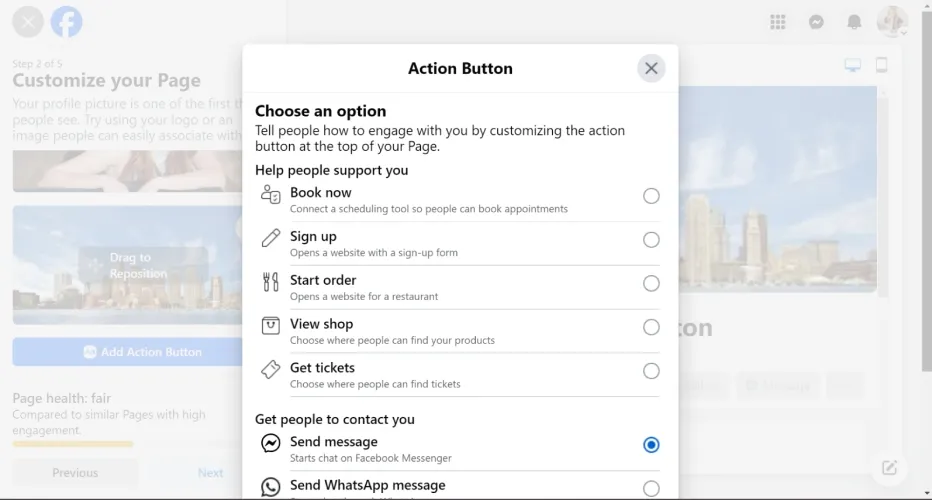 Screenshot of action button setup on a facebook page