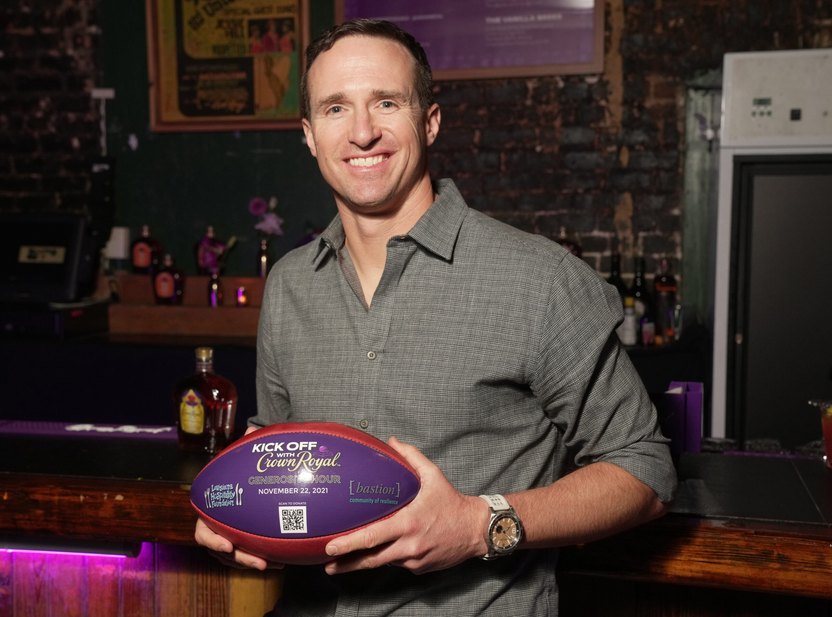 NEW ORLEANS, LOUISIANA - NOVEMBER 22: NFL legend Drew Brees gives back to the New Orleans hospitality and military community at the Crown Royal #GenerosityHour in on November 22, 2021 in New Orleans, Louisiana. (Photo by Josh Brasted/Getty Images for Crown Royal)