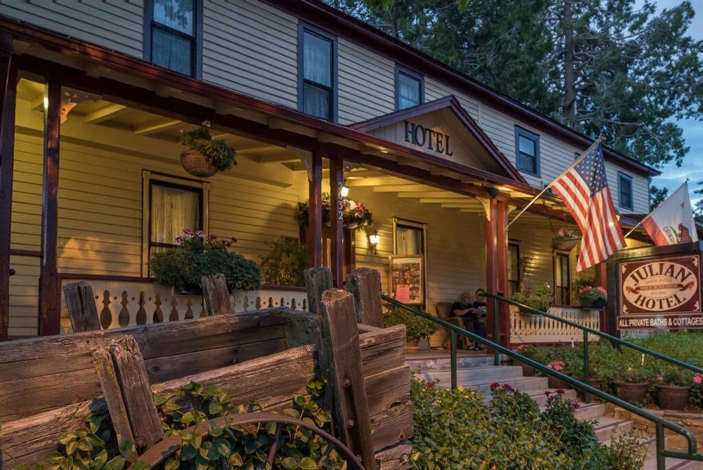 Entrance and porch of Julian hotel, an old school hotel in Julian, California