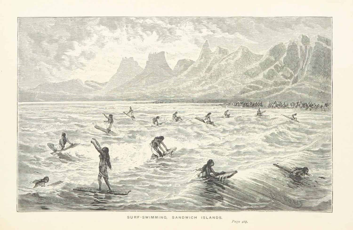 A historical illustration of 17th century in Hawaii an surfers including women like Kelea of Maui