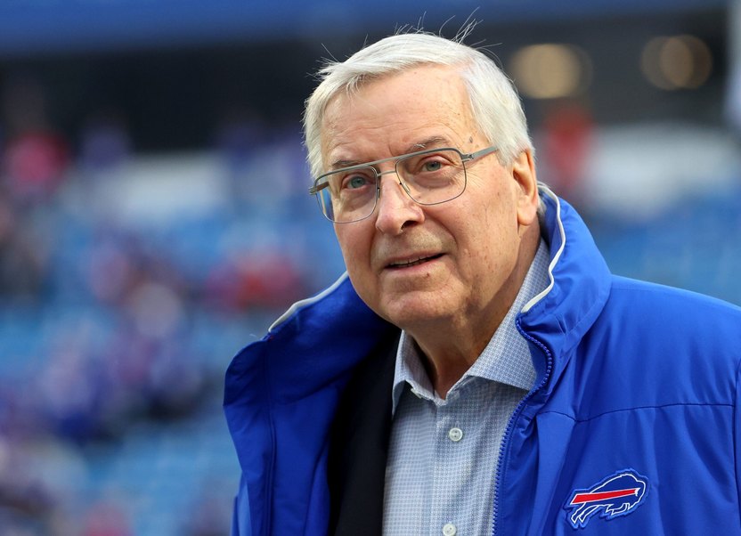 ORCHARD PARK, NEW YORK - DECEMBER 31: Owner Terry Pegula of the Buffalo Bills looks on from the field before a game against the New England Patriots at Highmark Stadium on December 31, 2023 in Orchard Park, New York. (Photo by Timothy T Ludwig/Getty Images)