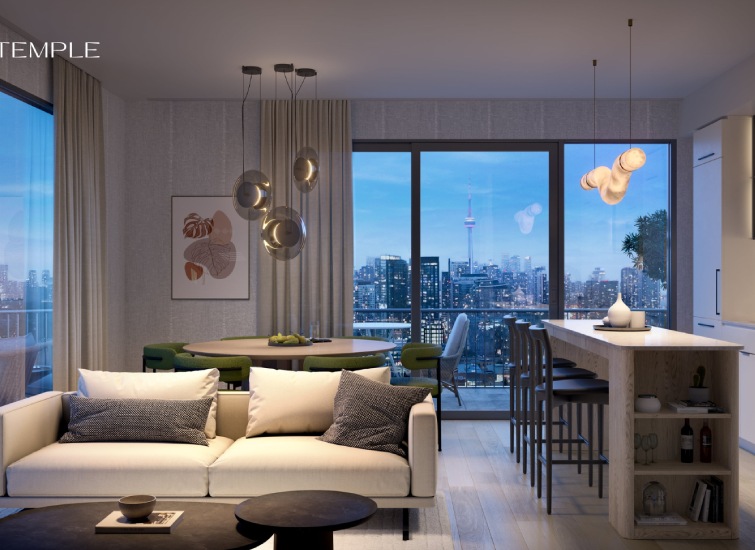 Modern living and dining area with panoramic city view through floor-to-ceiling windows, featuring contemporary furniture, pendant lighting, and a kitchen island with bar stools.