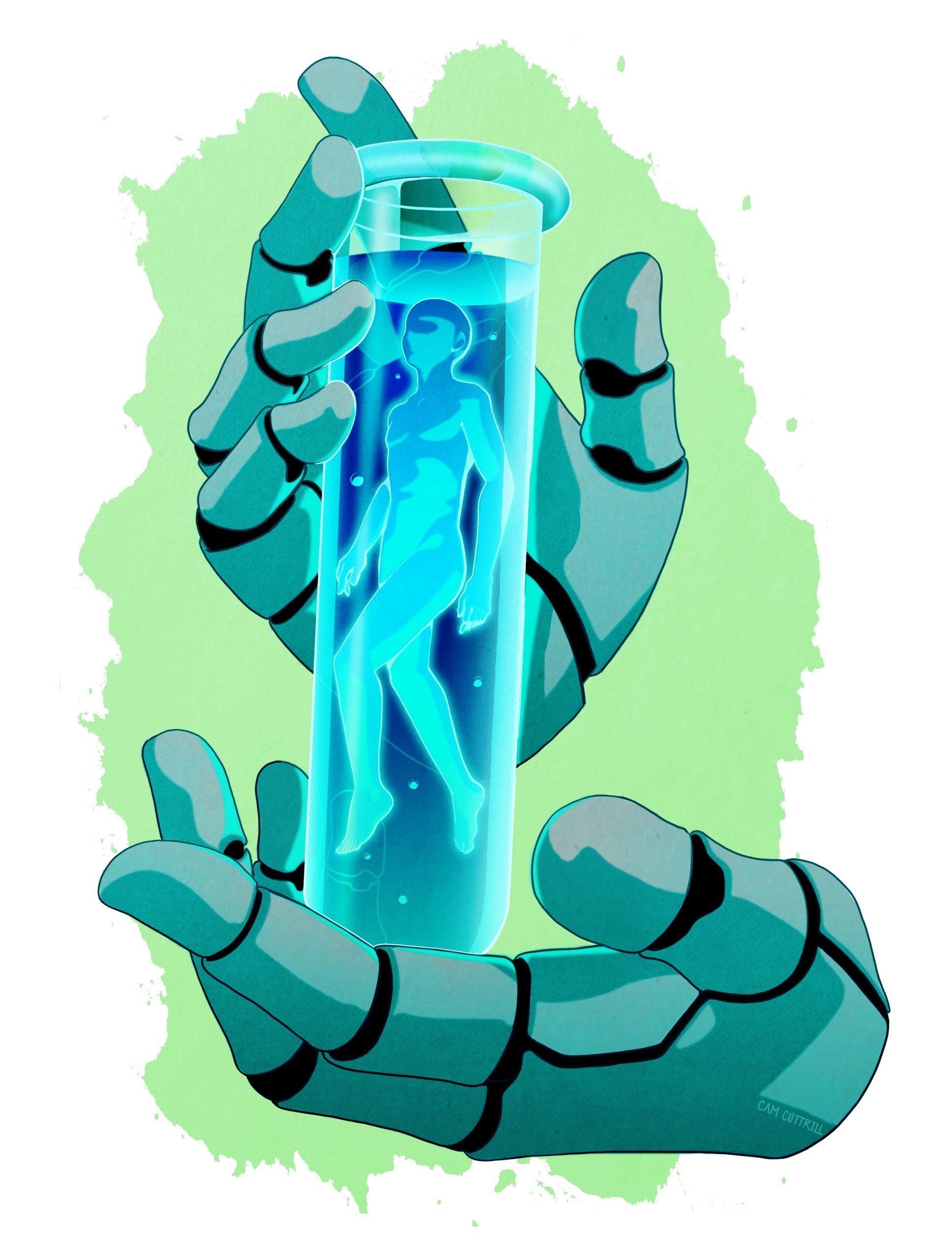 Illustration of AI in healthcare featuring a person in a test tube held by a robot set of hands by artist Cam Cottrill