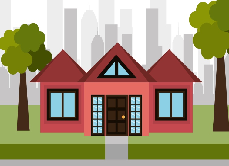 Illustration of a red house with a triangular roof and a front door, flanked by two trees, set against a city skyline, embodying the simple charm that often belies hidden costs.