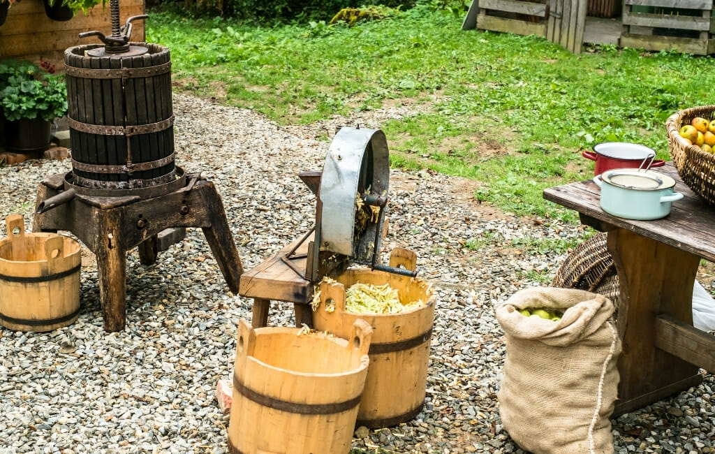 tools for apple cider pressing, including press, buckets, barrels, apples and more