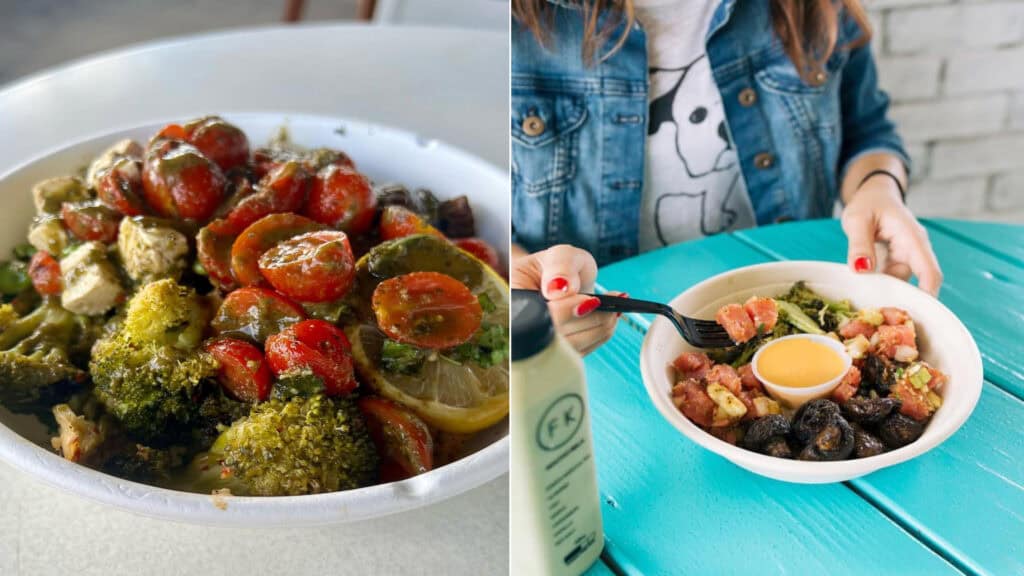 Two images show bowls of fresh vegetables and toppings, with one close-up shot and another of a person eating a meal at a turquoise table.