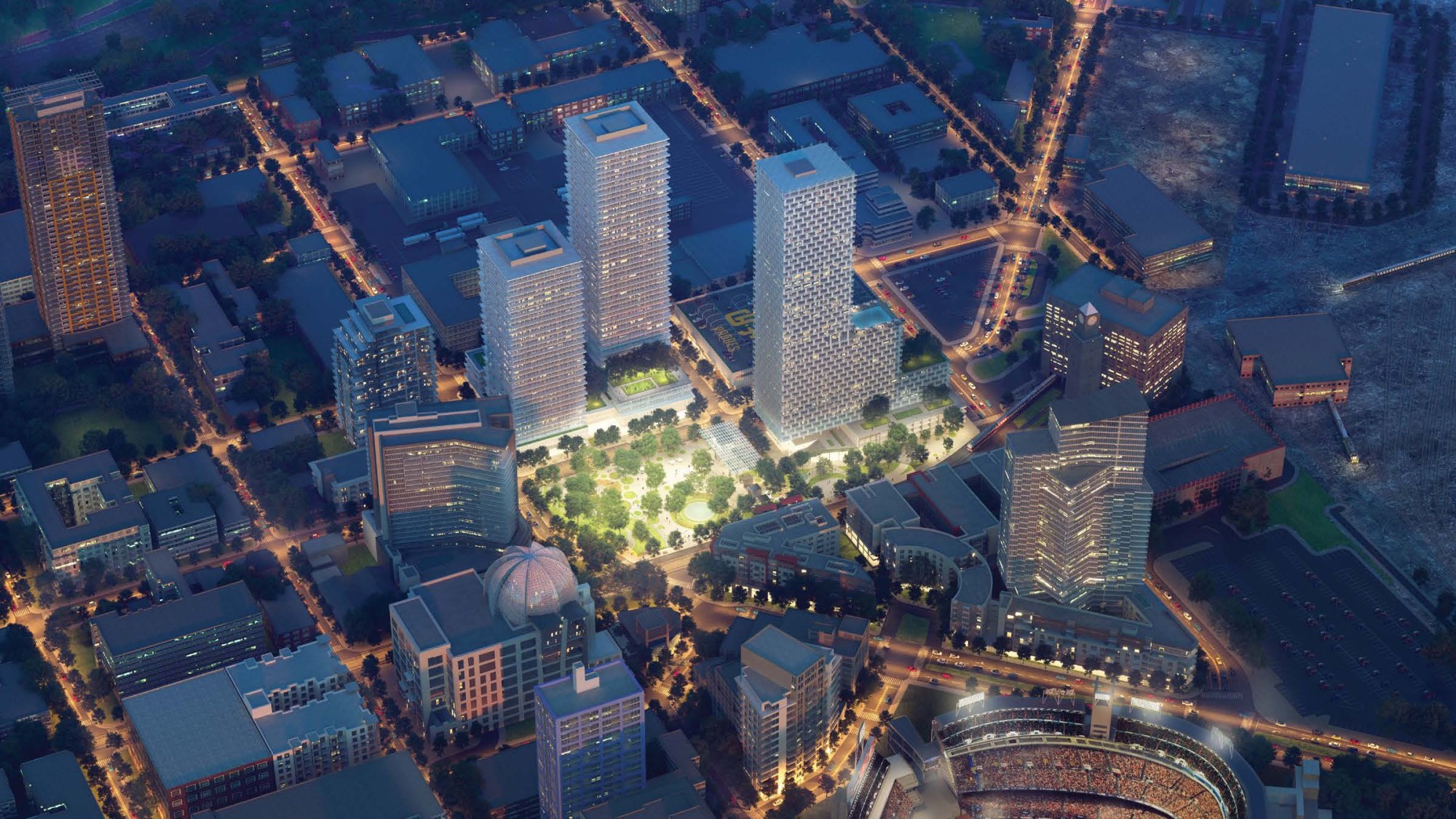 A development team led by the San Diego Padres has sought for years to buy the Tailgate Park parking lot near Petco Park and redevelop the parcels with 1,800 residential units in a mixed-use project called East Village Quarter. (Gensler)