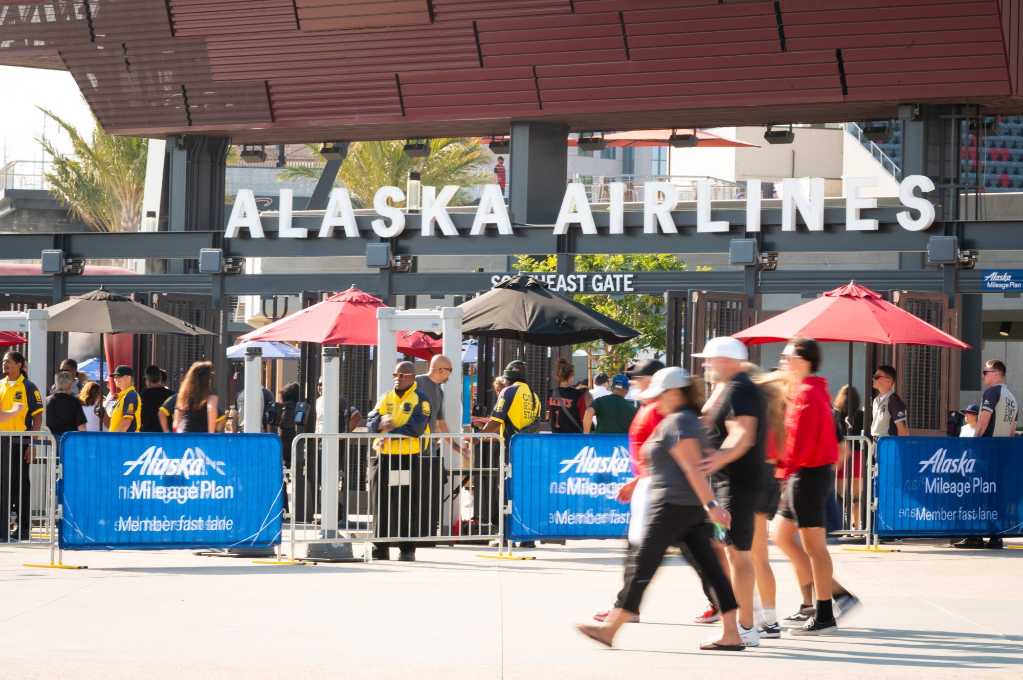 Alaska Airlines is the official airline of SDSU Athletics and Snapdragon Stadium thanks to a three-year multimedia rights deal that includes branding on the southeast entrance gate at Snapdragon Stadium. Here the airline is also offering its rewards program members expedited entry into the venue. (San Diego State University)