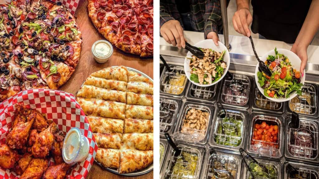 Pizza on table and people filling bowl with salad.