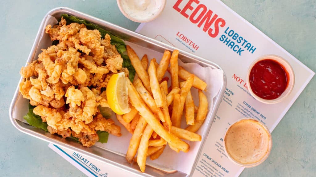 aerial view of a plate of crispy fried fish with French fries on the side