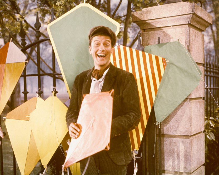 Dick Van Dyke, US actor, with a variety of kites in a publicity still for the film, 'Mary Poppins', USA, 1964. The film musical, directed by Robert Stevenson (19051986), starred Van Dyke as 'Bert'. (Photo by Silver Screen Collection/Getty Images)