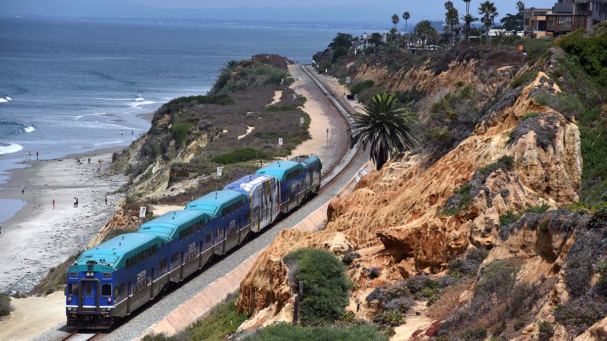 The Coaster train travels along the coast in Del Mar. Photo by Chris Stone