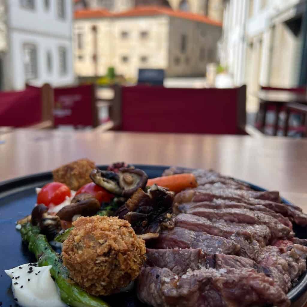 Plate of steak and vegetables