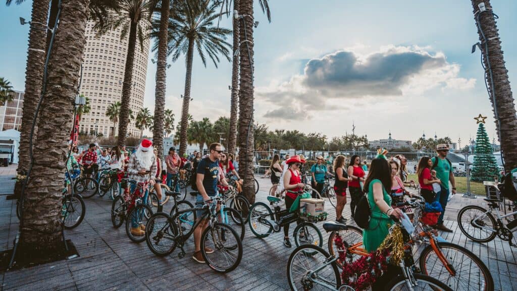 A large gathering of cyclists on the waterfront