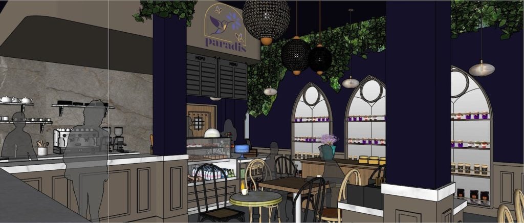 Interior rendering of new coffee shop and cafe called Paradis opening at the new Sasan building in Mission Hills, San Diego