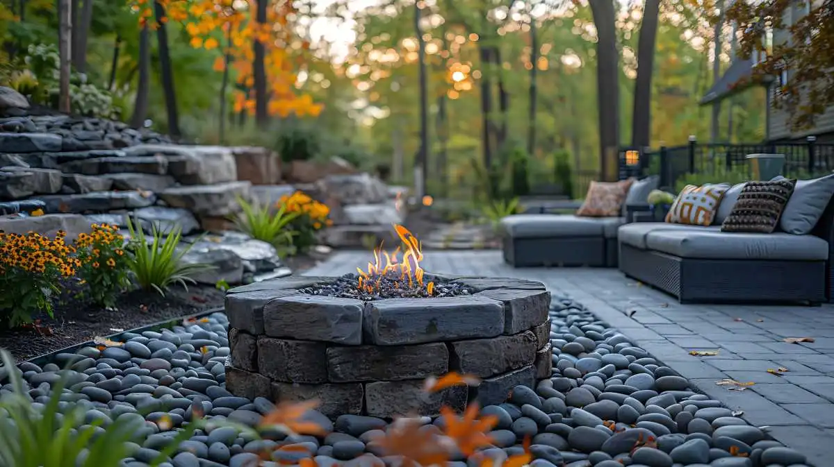 An outdoor patio with a custom fire pit