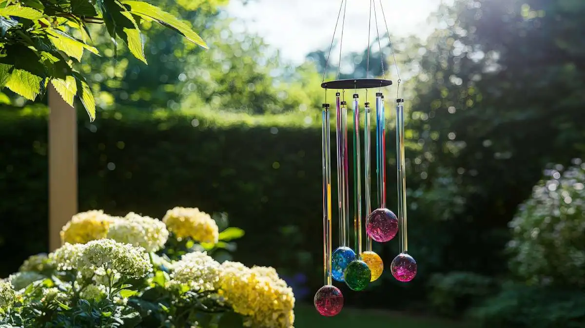 A decorative wind chime hanging in a garden