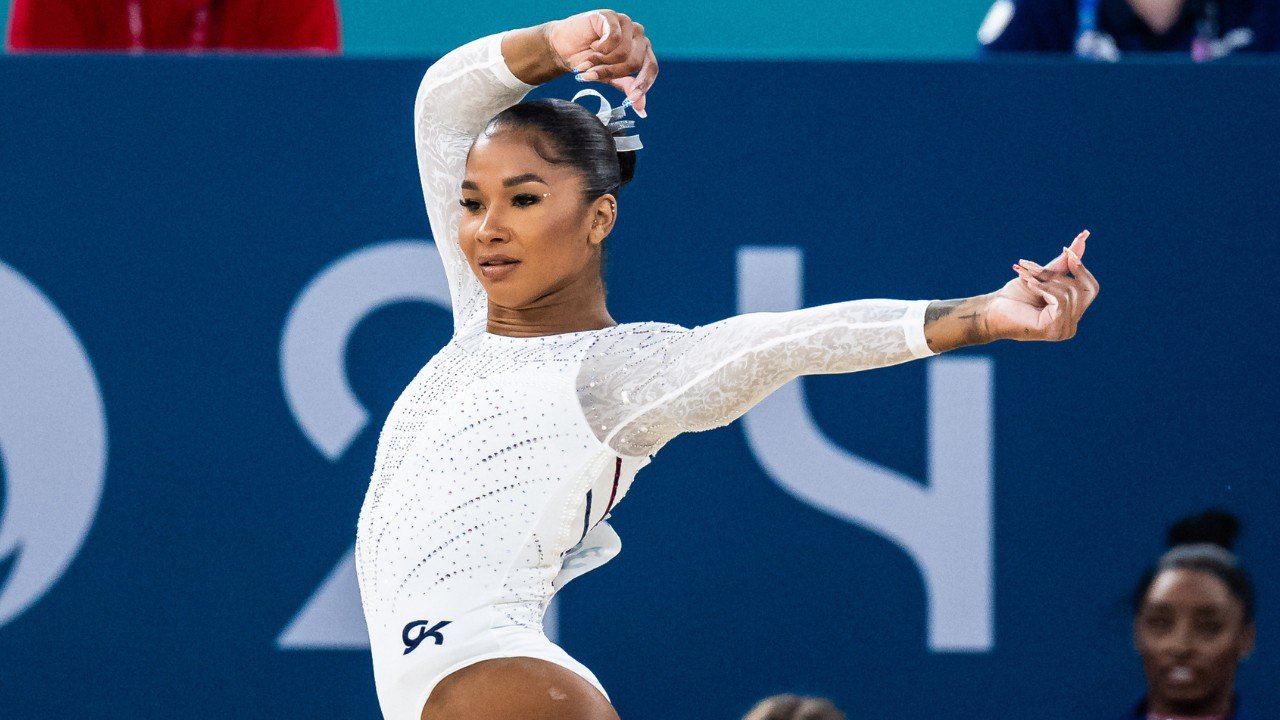 PARIS, FRANCE - AUGUST 5: Jordan Chiles of Team United States in action Artistic Gymnastics Women's Floor Exercise Final on day ten of the Olympic Games Paris 2024 at the Bercy Arena on August 5, 2024 in Paris, France. (Photo by Tom Weller/VOIGT/GettyImages)