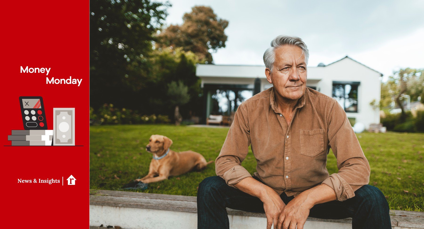 Thoughtful senior man sitting on steps by pet dog at backyard