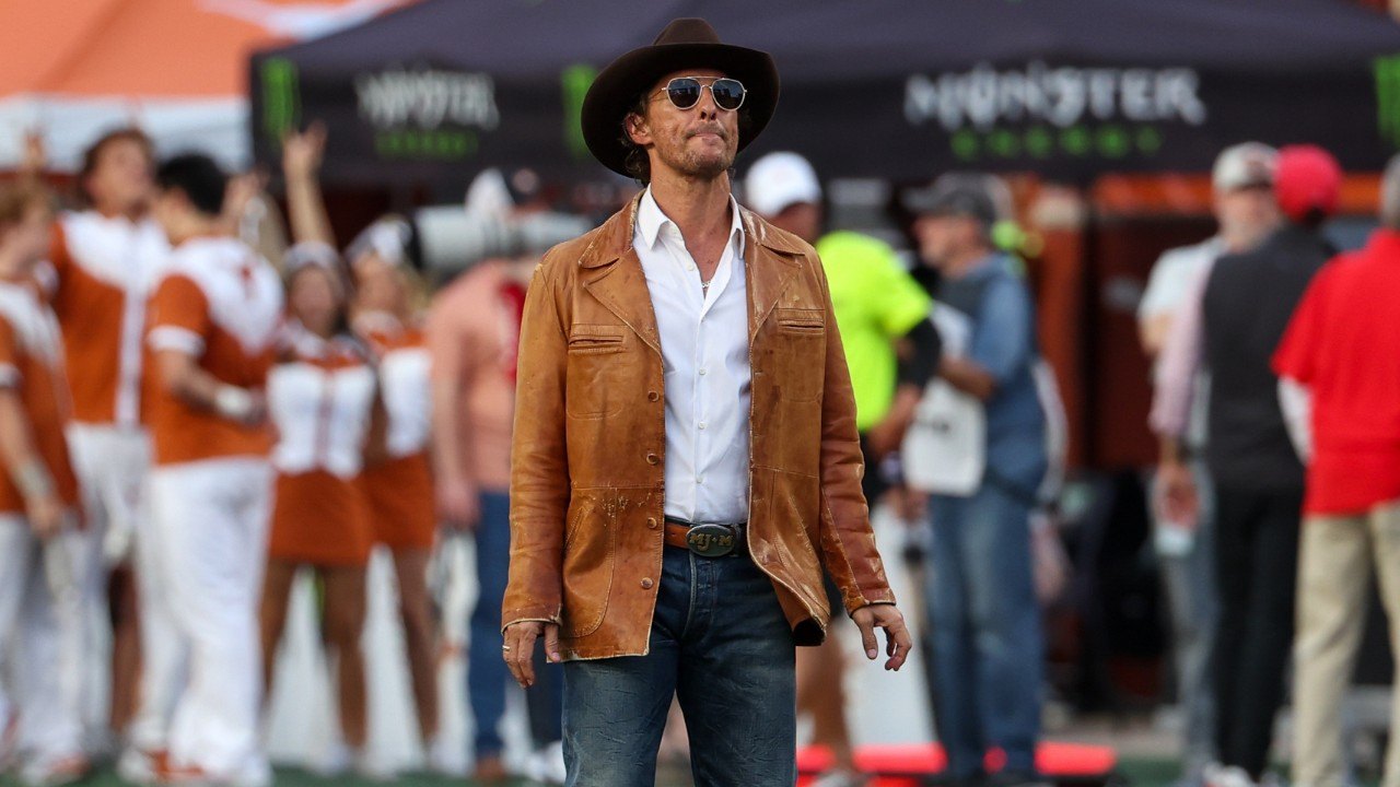 AUSTIN, TX - OCTOBER 19: Matthew McConaughey on the field before the SEC college football game between Texas Longhorns and Georgia Bulldogs on October 19, 2024, at Darrell K Royal - Texas Memorial Stadium in Austin, TX. (Photo by David Buono/Icon Sportswire via Getty Images)