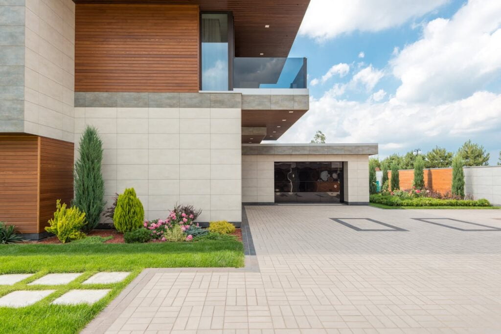 Tiled floor driveway of a garage.