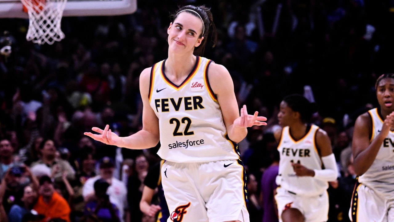 Los Angeles, CA - May 24: Guard Caitlin Clark #22 of the Indiana Fever reacts after making a three point shot against the Los Angeles Sparks in the fourth quarter of a WNBA basketball game at Crypto.com Arena in Los Angeles on Friday, May 24, 2024. (Photo by Keith Birmingham/MediaNews Group/Pasadena Star-News via Getty Images)