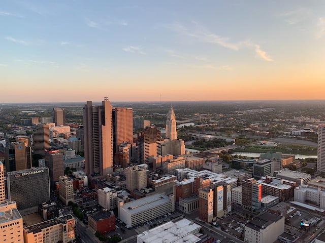 Aerial view of a city in Ohio during sunset