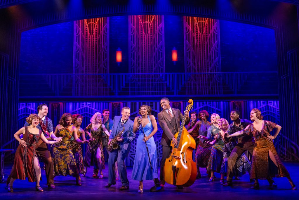 matt loehr (joe), leandra ellis gaston (sugar), tavis kordell (jerry) and the first national touring company of some like it hot. photo by matthew murphy.