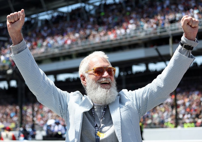 INDIANAPOLIS, INDIANA - MAY 29: Comedian David Letterman reacts after a flyover prior to the 106th Running of The Indianapolis 500 at Indianapolis Motor Speedway on May 29, 2022 in Indianapolis, Indiana. (Photo by Jamie Squire/Getty Images)