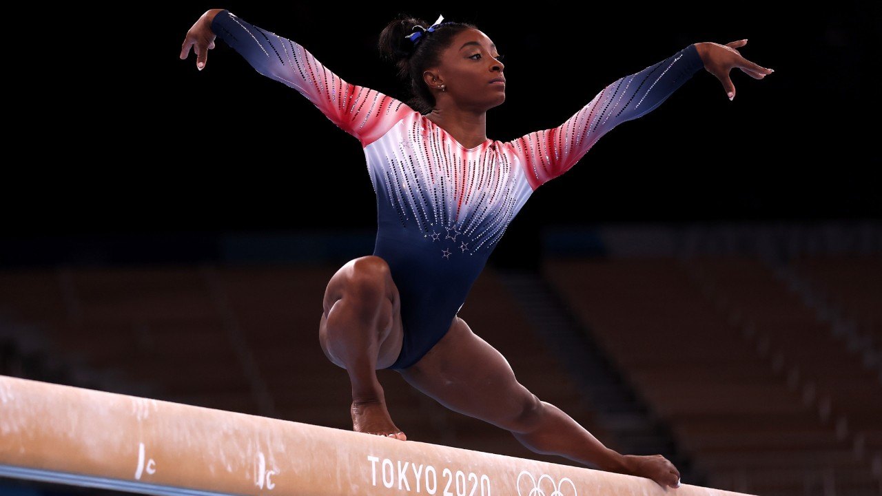 TOKYO, JAPAN - AUGUST 03: Simone Biles of Team United States warms up prior to the Women's Balance Beam Final on day eleven of the Tokyo 2020 Olympic Games at Ariake Gymnastics Centre on August 03, 2021 in Tokyo, Japan. (Photo by Jamie Squire/Getty Images)