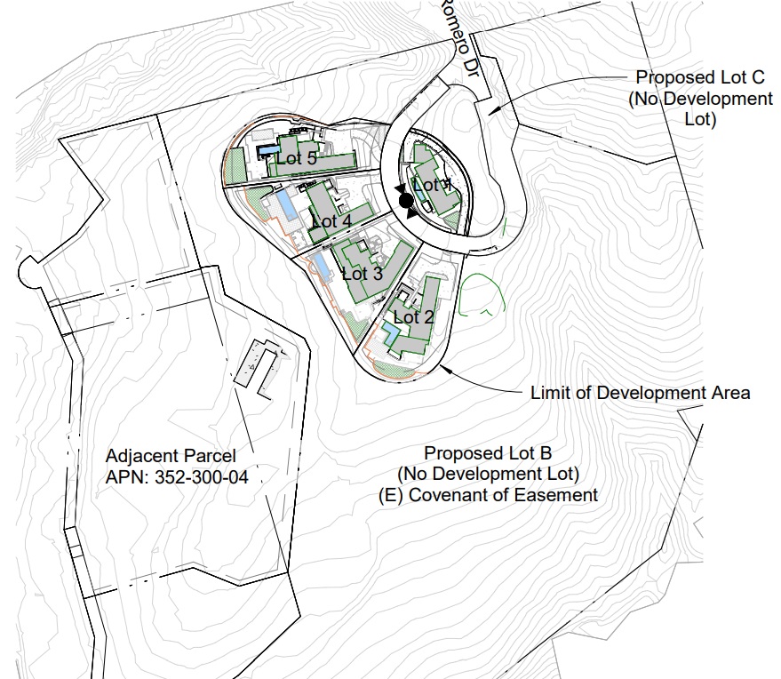 A map of proposed plans for the Foxhill Estate in La Jolla, which would include five new mansions. The site was purchased for $35 million in May. (City of San Diego)