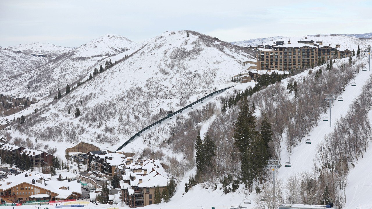 PARK CITY, UTAH - FEBRUARY 03: A general view as Winter Vinecki of Team United States finishes her jump during Women's Aerials Qualifications on day two of the Intermountain Healthcare Freestyle International Ski World Cup at Deer Valley Resort on February 03, 2023 in Park City, Utah. (Photo by Christian Petersen/Getty Images)