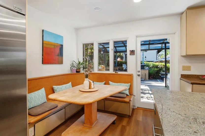 The cozy breakfast booth appears to be original.