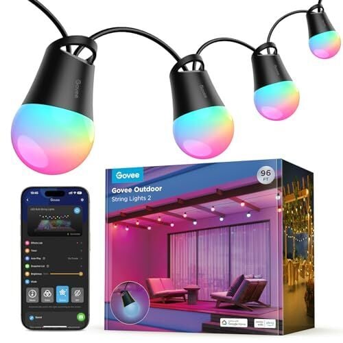 Govee Smart Outdoor String Lights 2, 96ft RGBIC Outdoor Lights with Dimmable Warm White LED Bulbs for Christmas, 47 Scene Modes for Patio, Backyard, IP65 Waterproof, Works with Alexa, App Control