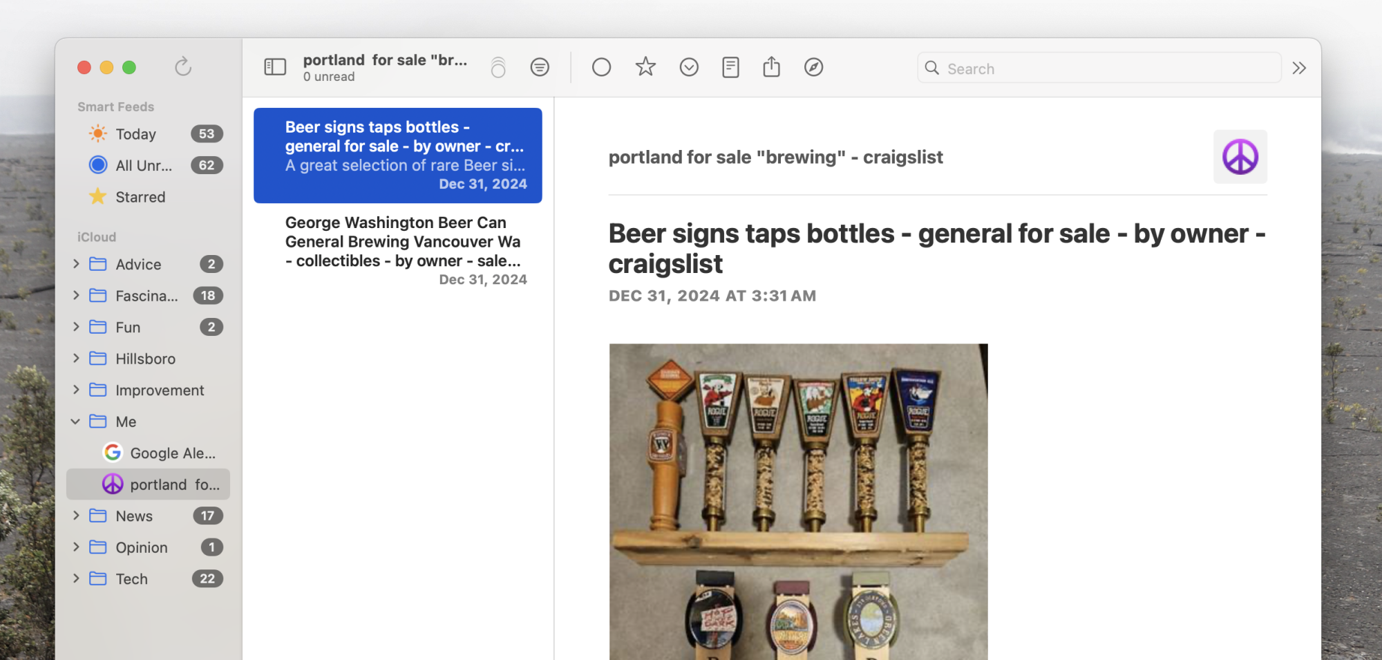 An RSS feed for Craigslist—it's showing results for "brewing" in Portland, Oregon, USA