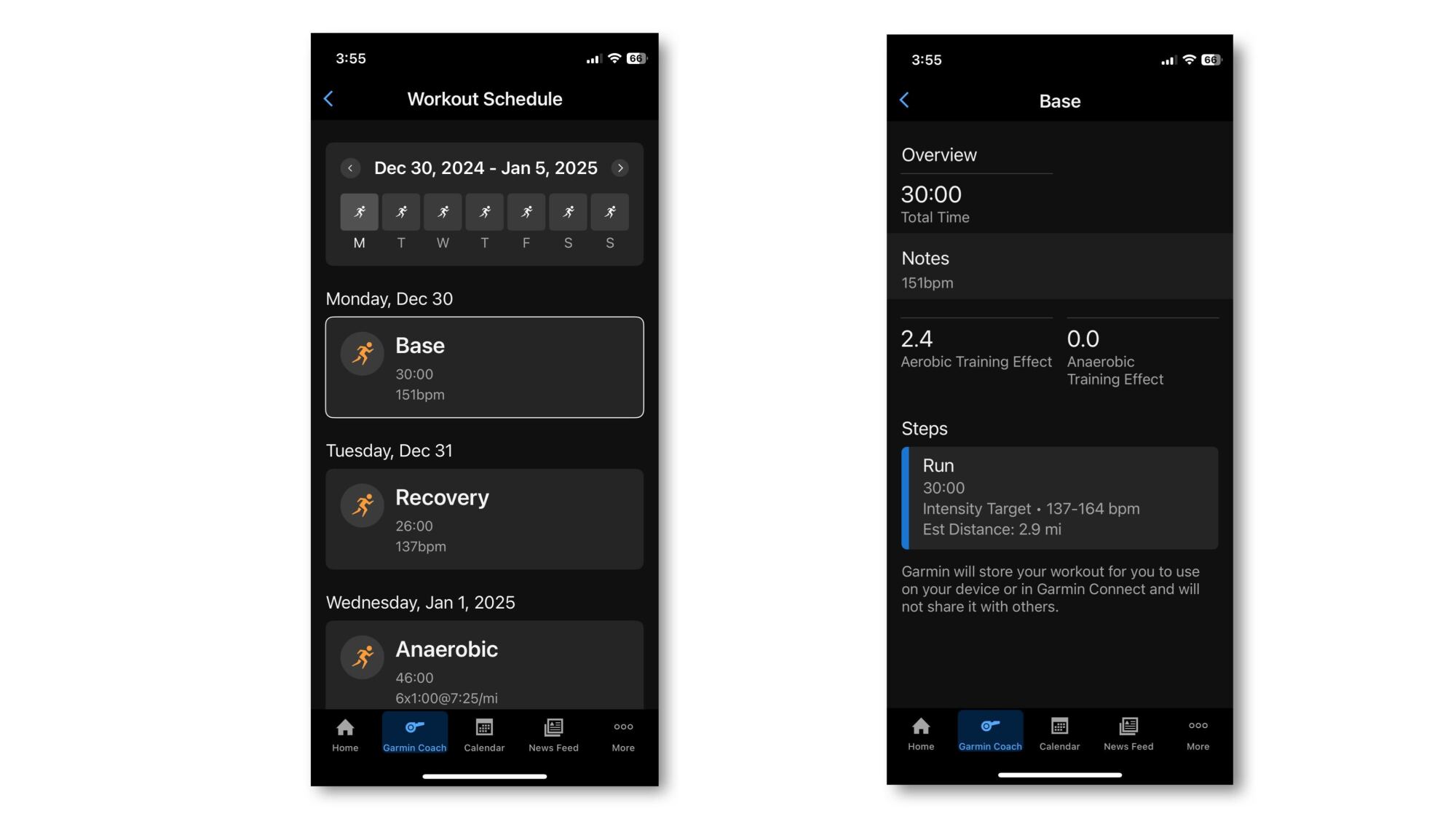 screenshots of Garmin Coach upcoming schedule, and the structure of a Base workout