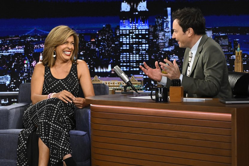 THE TONIGHT SHOW STARRING JIMMY FALLON -- Episode 2033 -- Pictured: (l-r) Broadcast journalist Hoda Kotb during an interview with host Jimmy Fallon on Monday, October 7, 2024 -- (Photo by: Todd Owyoung/NBC via Getty Images)