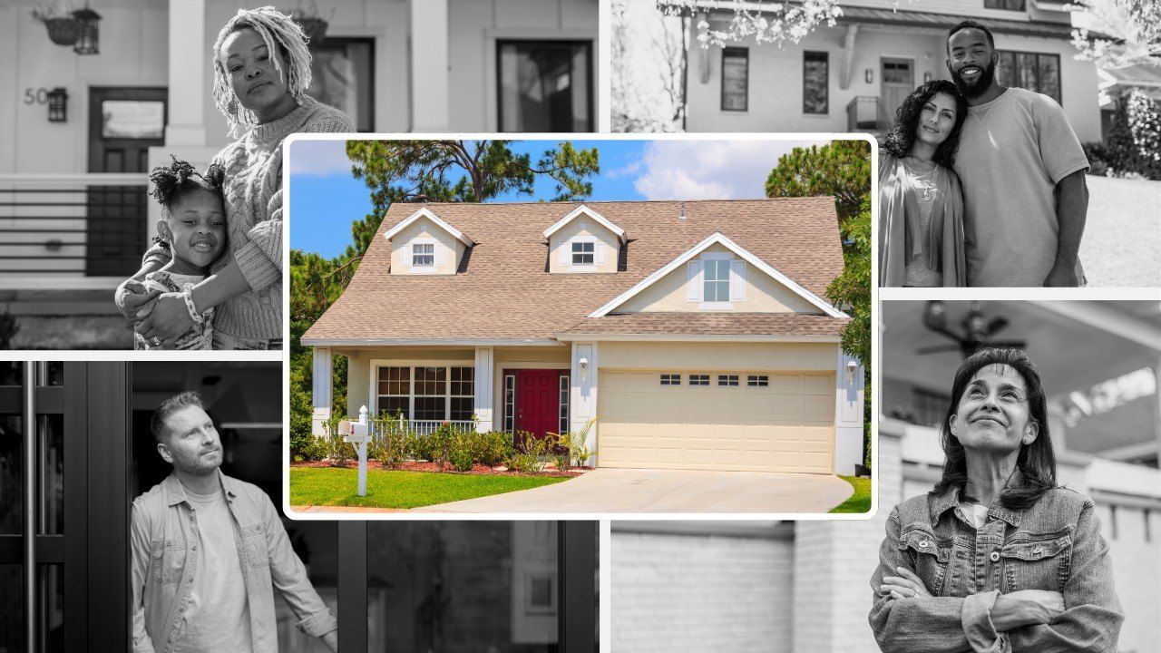 Various American families posing in front of their homes