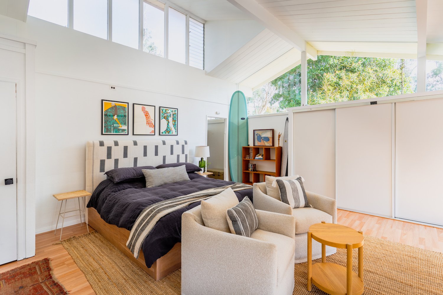 Interior of San Diego designer Raili Clasen's home and bedroom known for her work at Kelly Slater's Surf Ranch