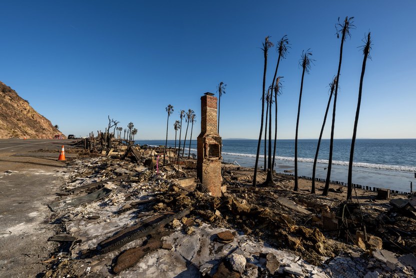 View of damaged structures and homes caused by the Palisades Wildfires