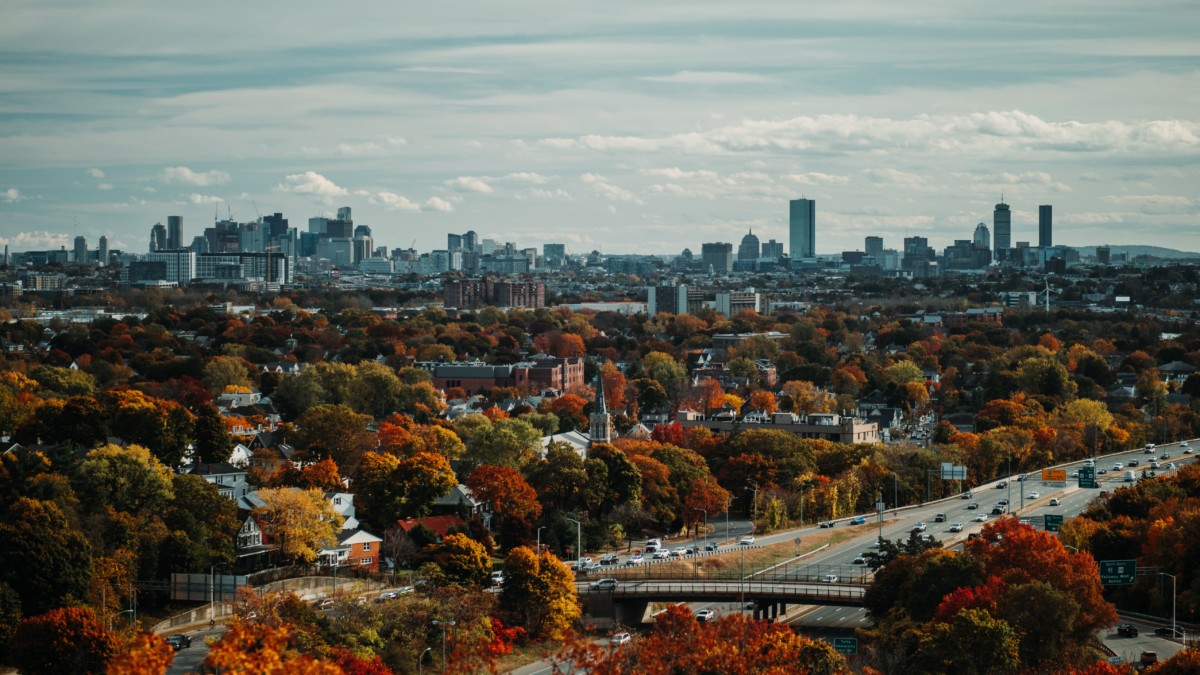 boston aerial view in the fall