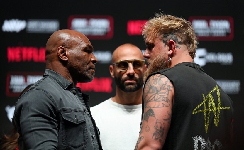 Mike Tyson, left, and Jake Paul during a press conference
