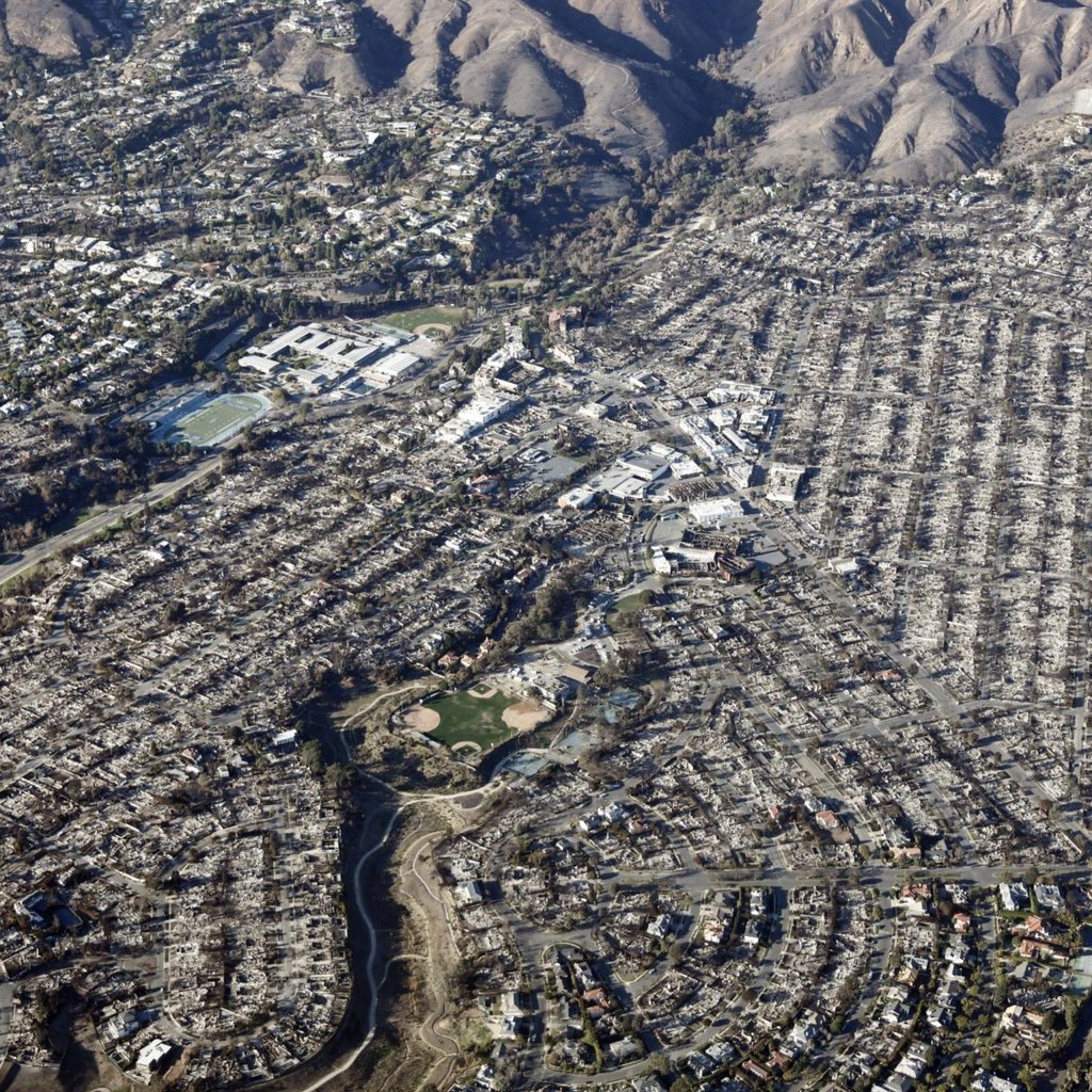 Pacific Palisades aerial view of Palisades fire aftermath