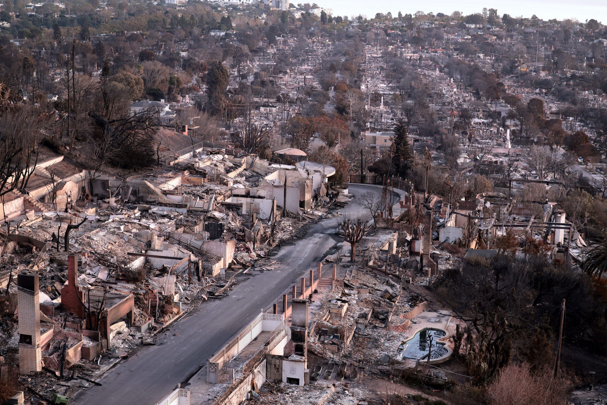 Rows of houses are turned to rubble after the Palisades Fire