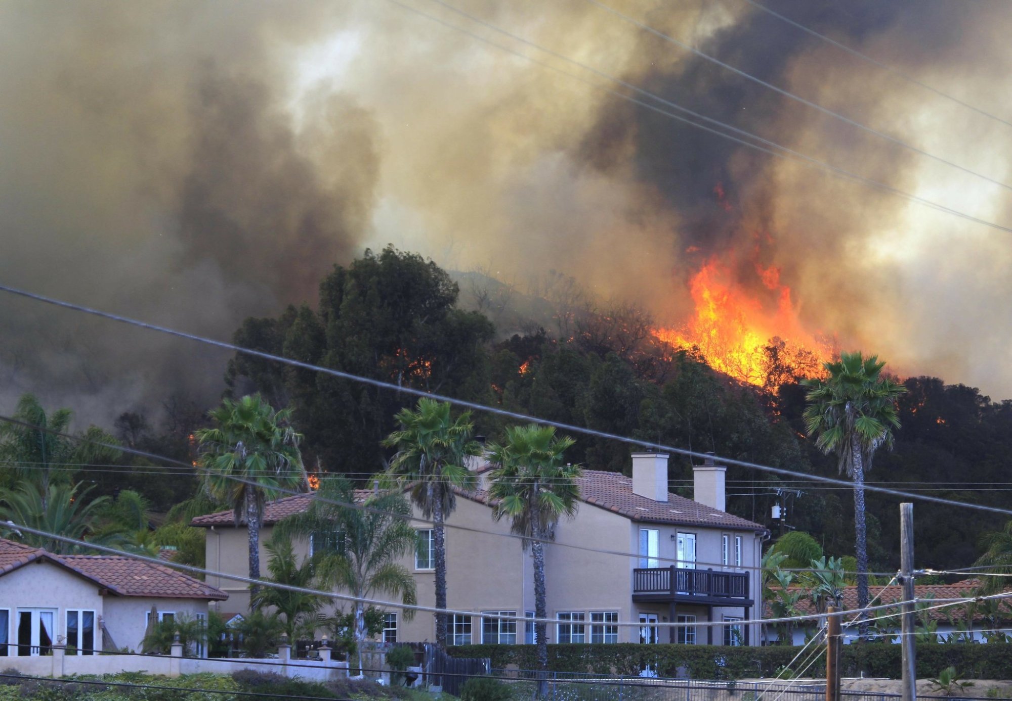 The Cocos fire burns toward houses in San Marcos on May 15, 2014. (Howard Lipin / U-T file)